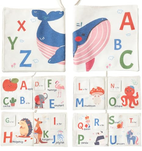 Macabaka Interactive Alphabet Cloth Book for Babies, 26 Letters Lift-The-Flap Learning Toy with Colorful Animal Illustrations, Soft & Washable Fabric Book for Infants and Toddlers