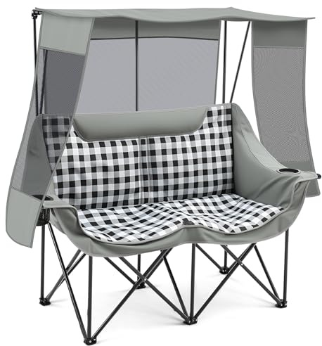Teenyyou Double Camping Chair with Canopy 660lbs Heavy Duty, Grey Plaid