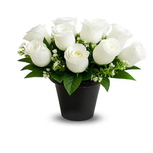 AMERISE White Artificial Grave Flowers in Pot 25cm – Cemetery Flower Arrangement, Memorial & Funeral Decoration, Weather Resistant Outdoor Roses for Graves & Vase Holders UK