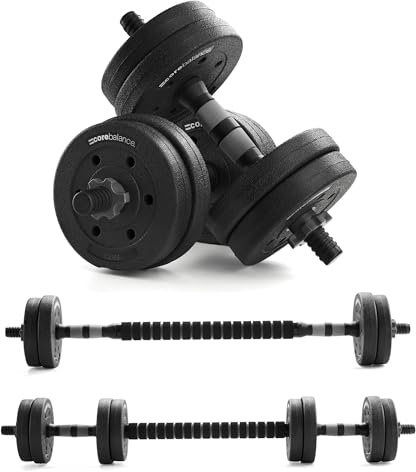 Core Balance Adjustable Dumbbell & Barbell Set | 2 Handles, Barbell Rod, Weights & Spinlock Collars, Multiple Weight Combinations, Non-Slip Grip, Ideal for Strength Training