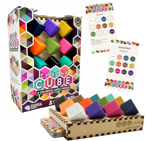 Project Genius: Chroma Cube, A Colorful Logic Puzzle, 12 Colorful Wood Blocks, 25 Brainteaser Cards, Puzzle, Great Gift, 1 Player Game Logic