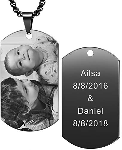 MeMeDIY Personalisierte Dog-tag Anhänger Halskette Gravur Text/Fotos Männer Frauen Memorial Edelstahl Schmuck. Bündel mit verstellbarer Kette, Schlüsselbund, Schalldämpfer. (Schwarze)