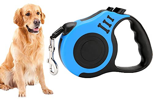 SHULLIN 5m No-Tangle Retractable Dog Lead Extending Leash Tape with Anti-Slip Handle Dog Cat Pet Leash with One-Handed Brake Pause Lock Anti-Slip Handle Collar Hook for Walking Dog Pet Training(Blue)