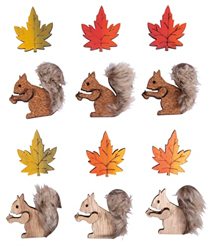 Rayher Holz-Streuteile Eichhörnchen + Blatt, bunt, 3,3 - 3,5 cm, Btl. 12 Stück, mit Klebepunkt, Tischstreuer, Tischdeko, Streudeko Herbst, 46667999