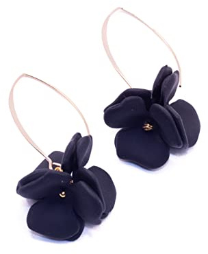 NILUXE DESIGN - Boucles d'oreilles Fleurs Pendantes avec Crochet Plaqué Or - Boucles d'oreilles Femme Pétales - Boucles d'oreilles pour Fêtes d'Été - Élégantes à Porter et Parfaites à Offrir (Noir)