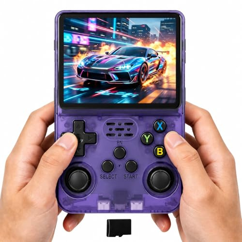 Whatsko R36S Consola Portátil, Consola Retro 128 GB, Sistema RK3326 Arkos, más de 40 000 Juegos, pantalla de 3,5 Pulgadas, Consola Retro Portatil para Jóvenes (Morado)