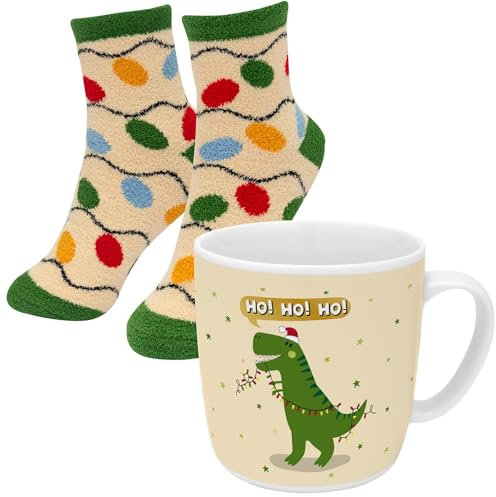 Gruss & CO Tasse-Socken-Set Motiv Dino | Geschenkset mit 1 Tasse und 1 Paar Socken, Größe 36-40, in Geschenkbox | Geschenk Winter, 51158