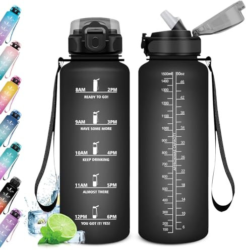KollyKolla Trinkflasche 1.5L, Trinkflasche Sport mit Strohhalm, Trinkflasche BPA-Frei, Trinkflasche groß, Wasserflasche Auslaufsicher, Trinkflasche Kohlensäure Geeignet, flasche für Erwachsener, Büro