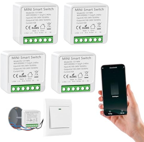 4 Stück Smart Modul Lichtschalter, Mini Smart Home Licht Schalter, Sprachsteuerung/Countdown, Alexa Schalter Smart Home Kompatibel Alexa, 1-Weg/2 Wege, Neutralleiter Erforderlich