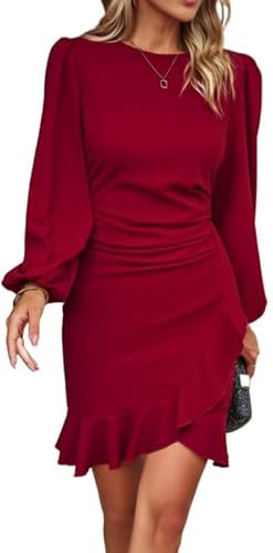 Haibang Damen Kleid Elegant Langarm Bodycon Rüschen Puffärmel Kurz Kleider Einfarbige Abendkleider Partykleid Vintage Freizeitkleid Rundhals Businesskleider Sexy Bleistiftkleid für Festlich Hochzeit