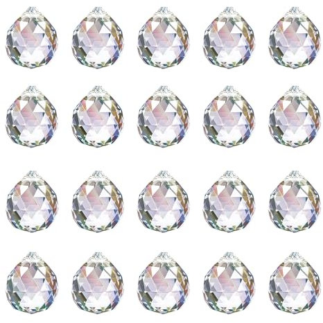 20 pièces de Cristaux à Suspendre, Prisme en Cristal 20 mm, Attrape-Soleil en Cristal, suncatcher pour fenêtres, Pendentif de Lustre, Boule en pour décoration et projets artisanaux.