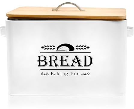 Jolitac Farmhouse Style Bread Box for Kitchen Countertop - Space-Saving Bread Storage Container with Wood Lid | Rustic Vintage Organizer for Small Kitchens & Countertop Gift (12.2”L x7.5”W x8”H)