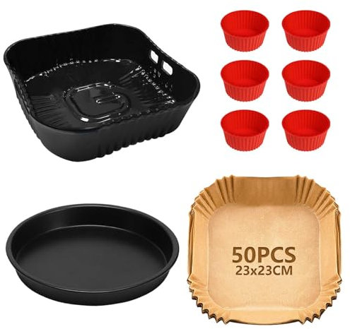 YINGRACE 23CM Accessoires Air Fryer pour Russell Hobbs XXL 8L 8,3L, Cecotec 7,6L, COSORI 6L/6,2L/6,4L, 4PCS Moule Silicone Air Fryer avec Plateau à pizza, Moules à Muffins, Papier Cuisson Air Fryer