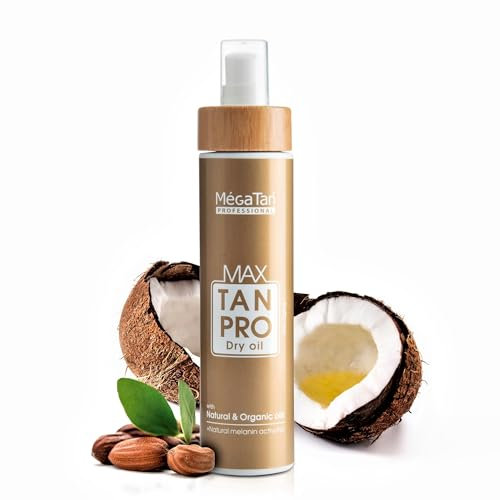 Huile bronzante sèche naturelle Megatan Max-Tan Pro avec activateur de mélanine - Accélérateur de bronzage intense pour soleil et solarium, huile solaire pour bronzage, amplificateur de bronzage