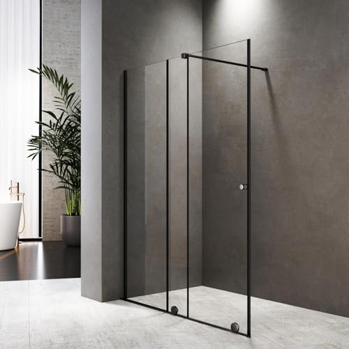 Walk in Duschwand 140x185 cm Schwarz Schiebetüren Dusche Duschtrennwand 6mm ESG-Sicherheitsglas Schiebetür Walk-IN Duschkabine,Montage auf Duschewanne oder Fliese,Breite Verstellbar von 90-140cm