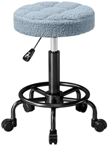 HOMCOM Taburete Giratorio Redondo Altura Regulable 50-66 cm Azul | Taburete con Ruedas, Asiento Tapizado en Tejido de Borreguito, para Salones Talleres Spa Masaje