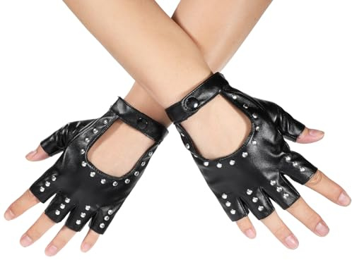 EupHHonycs Leather Punk Gloves, Black Fingerless Faux Leather Gloves, PU Faux Leathers Outdoor Sport Half Finger Glove with Belt Up Closure and Rivet for Women(Style 3)