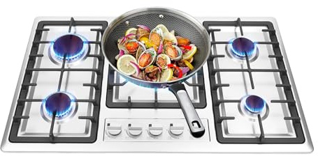 Gasspis för naturgas, gasspis med 5 lampor, 2 000 Pa inbyggd brännare i rostfritt stål, gaskokare, elektronisk lmpulständdesign, för hem, restauranger och hotell, 10,55 kW (3,3/2,75/1,75/1,75/1 kW