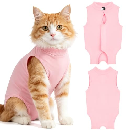 OFFCUP Combinaison de Récupération, 2 PCS Body Chat Post Operatoire, Gilet de Récupération de Chat Femelle Male, Protection Contre Le Léchage Convient Plaies Abdominales ou Maladies de Peau, Rose/M