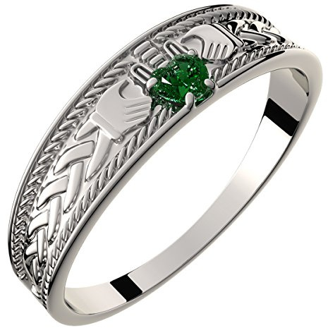 GWG Jewellery 925 Sterling Silver Claddagh Ring with Heart Shaped Emerald Green Stone, Hands, and Crown – 5 in Gift Box for Women