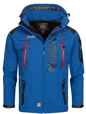 Geographical Norway Techno män - Vattentät softshell-jacka med huva för män - Taktisk vindjacka för utomhusbruk - Vandring, skidåkning, höst, vinter och vår, Königsblå/röd, XXL