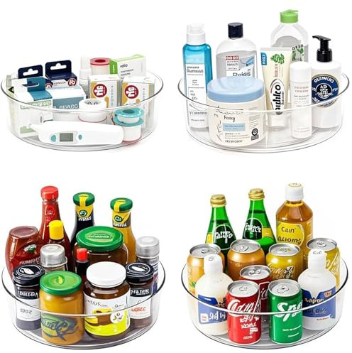 YCLADEC 4 Pack Lazy Susan 11.5 Inch Turntable Organizer Organization Storage Container Bins Spice Rack Cabinet Rotating Condiment for Pantry Countertop Kitchen Vanity Bathroom Jewelry Holder Clear
