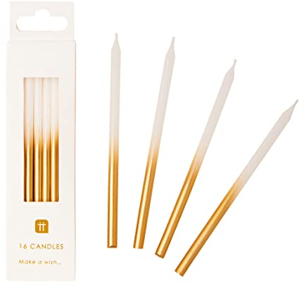 Talking Tables Bougies d'anniversaire avec supports, décorations de gâteau pour anniversaire, mariage, longues et hautes 10cm, paquet de 16, Blanc et Or