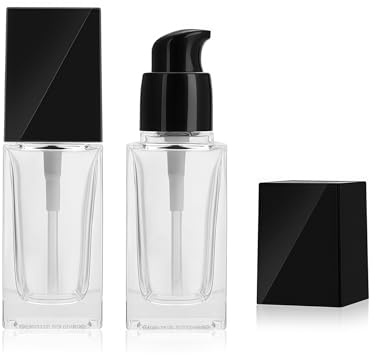 2Pcs 20ml/0.7oz Clear Square Glass Pump Bottles with Black Pump Dispenser Portable Cosmetic Containers for Lotion Foundation Cream and Travel Use