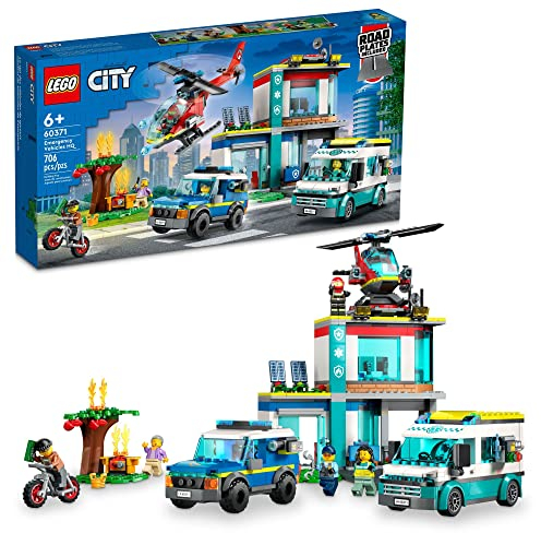 LEGO City Emergency Vehicles HQ 60371 Fire Helicopter Toy Set, Ambulance, Motorcycle and Police Car, Gift for Kids, Boys and Girls Age 6+