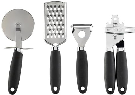Russell Hobbs RH03233EU7 4-Piece Kitchen Gadget Set – Venus Collection, Peeler, Can Opener, Pizza Cutter, Grater, Hanging Hooks, Soft Touch Handles, Easy Clean, Kitchen Utensil Tools, Black