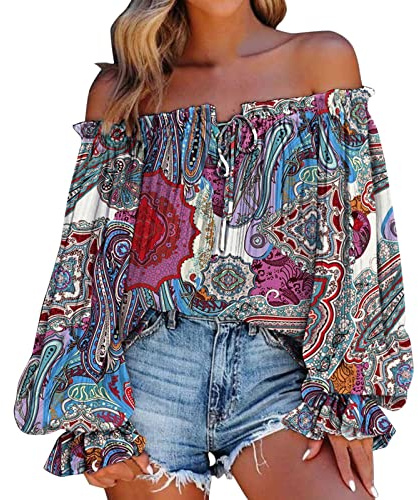 2024 Summer Women Summer Off Shoulder Shirt Floral Print Casual Long Sleeve Off Shoulder V Neck Tops Retro Ethnic Style Loose Blouse Features: Womens Fitness Shirts Short Sleeve Blue