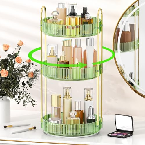 MOKANI Make Up Kosmetik Organizer, 360° Dreh Schmink Organizer, 3 Ebenen, Multifunctional Makeup Skincare Aufbewahrungssystem für Schminktisch, Badezimmer, Schlafzimmer, Grüner