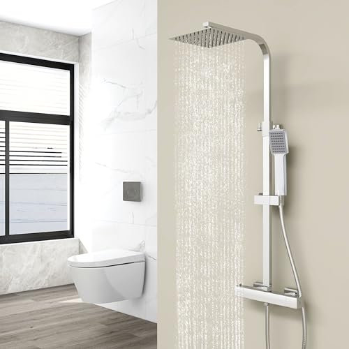 SKY Bathroom 38℃ Thermostatic Shower Set Exposed Valve, Shower Bar Set with 8 inches Rainfall Shower Head and Hand Shower, Adjustable Height Thermostatic Shower System, Chrome Plated, Square Shape