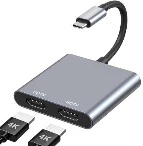 USB C to Dual HDMI Adapter, HDMI Splitter for Dual Monitors 4K@60Hz, USB C to HDMI Splitter Extended Display, USB Type C to Dual Monitors Adapter for MacBook Pro/Air, iPad, Surface, Dell, Chromebook