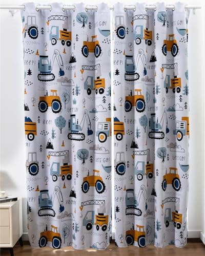 NTBED Construction Cars Tree Blackout Curtains Drapes for Kids Boys Bedroom Play Room 2 Panels Darkening Grommets Window Treatment, 42Wx63L, Light Grey