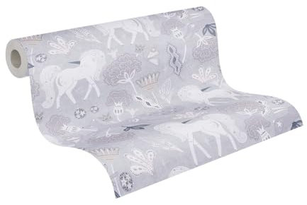 A.S. Création Kinderzimmer-Tapete Lilly & Luis - Strapazierfähige Vliestapete in Einhorn-Optik - 10,05 m x 0,53 m - Grau, Rosa, Weiß - Made in Germany – 771381