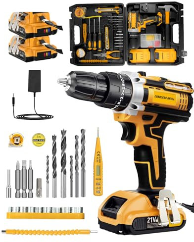 Maxesla 99PCS Cordless Drill Set 21V, 25+3 Torque Combi Drill with 2.0AH Battery, 42N.m Max Electric Screwdriver Kit, 2 Variable Speed, LED Work Light, Home and Garden DIY Project Kit