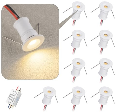 HHTUN 902 120°LED mini-spotlight, DC12V 1W, 80Ra, 75lm, liten storlek, inbyggd installation, lämplig för skåpbelysning som vinskåp, skoskåp etc., med strömförsörjning(3000K,White,9Pack)