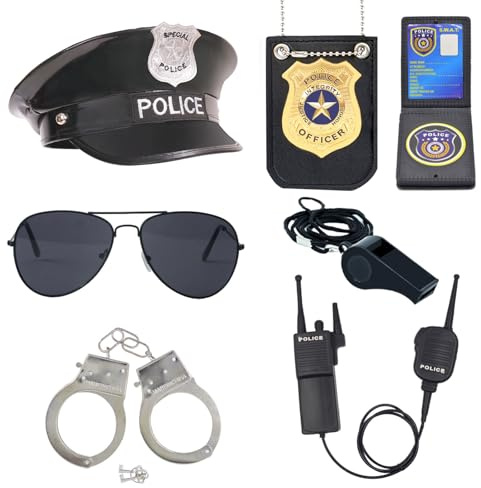 ZUCOS poliskostym barn, polis handbojor solglasögon märke detektiv cop swat rollspel tillbehör halloween party kostym (A, medium)