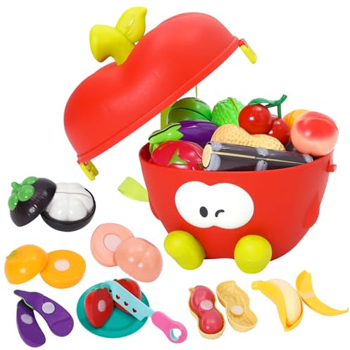 33PCS Cutting Play Food Toy for Kids,Kitchen Pretend Play Set for Toddlers with Plastic Fruit,Egetables,Mini Dishes and Knife,Fake Food,Educational Learning Toys, for Boys Girls