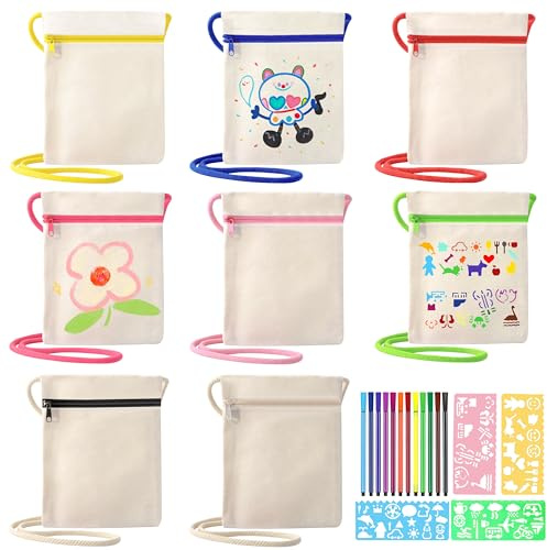 Qzakce Sacs en Tissu à Peindre 8 Pièces Sac en Tissu à Peindre Zippée Trousse a Colorier avec 12 Crayons Couleur et Gabaritdessin pour DIY Cadeaux Fête Anniversaire