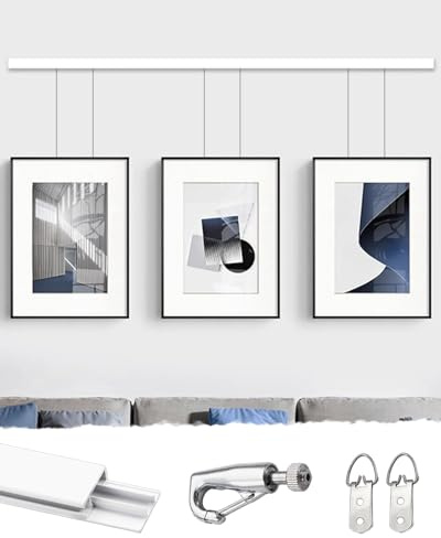 Sistema regolabile per appendere quadri con binario resistente e ganci a filo per esposizione sicura in galleria su cartongesso