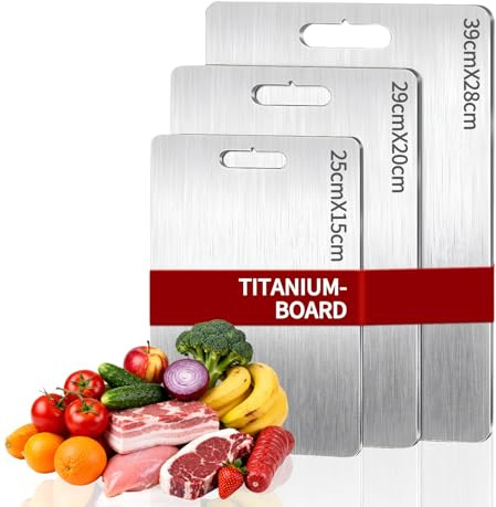 Planche a Decouper en Titane, 3 Pièces Planche a Decouper Inox, Planche Titane Cuisine Double Face pour Fruits, Viande, Légumes, Garantir Le Goût Original des Ingrédients(39*28cm+ 34*23cm+25 *15cm)