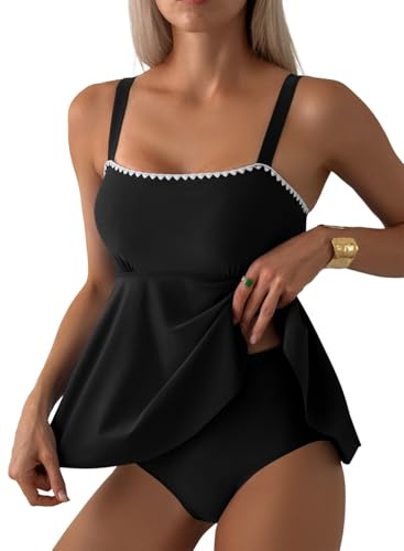 Aleumdr Tankini Swimsuits for Women Modest Two Piece Bathing Suit Square Neck Swim Top with High Waisted Bottom Black X-Large