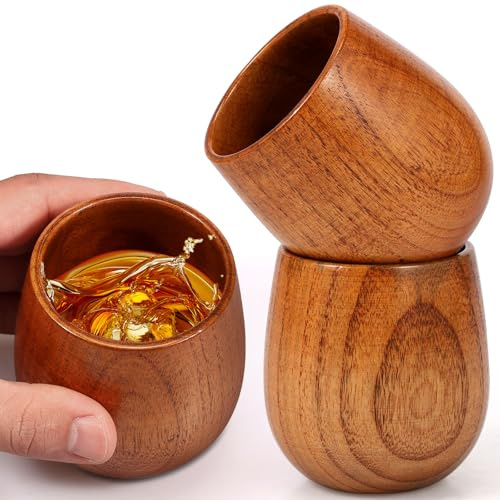 KEGAJEGA 2 vasos de madera redondos de 250 ml, vasos de madera de alta calidad, fabricados en madera de alta calidad, duraderos, conservan el aroma del vino, ideales para copas de vino, vasos de té