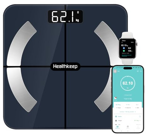 Healthkeep Personvåg, Bluetooth-ansluten våg, impedansmätare, hög precision, med 13 kroppssammansättning, app ingår, kapacitet 180 kg/400 kg, 28 x 28 cm