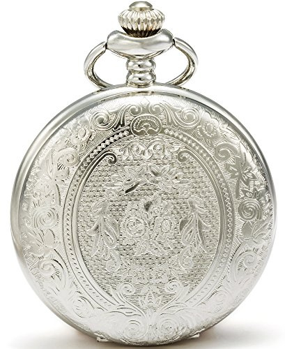 SEWOR Classique sculpté Shell Cadran Mouvement à Quartz Japonais Montre de Poche avec la Mode Double chaîne (métal et Cuir) (Argent)