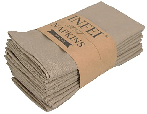 INFEI Solid Color Linen Blended Thin Dinner Cloth Napkins - Set of 12 (40 x 40 cm) - for Events & Home Use (Khaki)