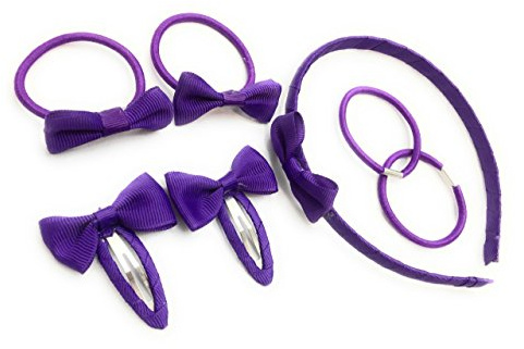 7 PIECE SCHOOL COLOURS Hair Bow Snap Clips SET ALICE BAND PONIOS PonyTail Holder Headband - Purple