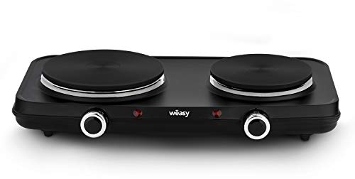 Wëasy Plaque de Cuisson Electrique 2 Feux Portable PLW225, Plaque 15cm et 18cm, pour Camping ou Etudiants, 2 Thermostats, Température réglable, Nettoyage facile, 2250W